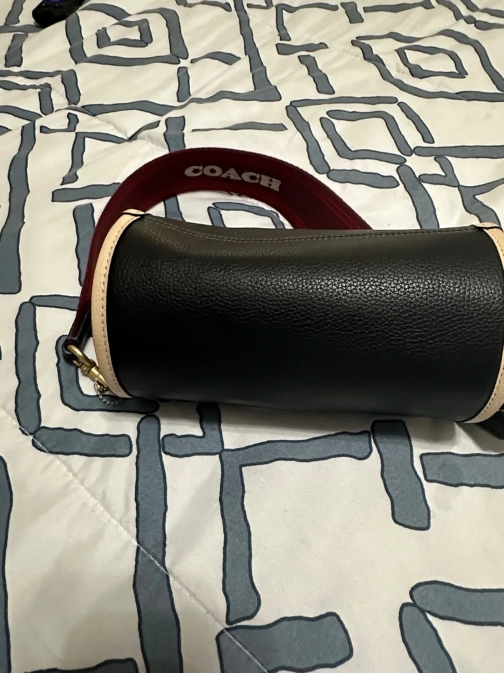 COACH Black Mini Barrel Bag with Red Strap and Cream Trim - Picture 4 of 7